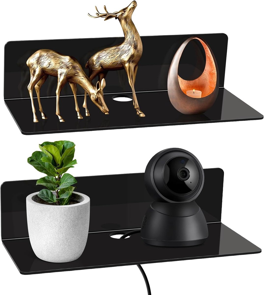 Set van 2 Wandplanken zonder Boren - Zwevende Plank met Kabelclips voor Keuken, Slaapkamer en Kantoor (Zwart)