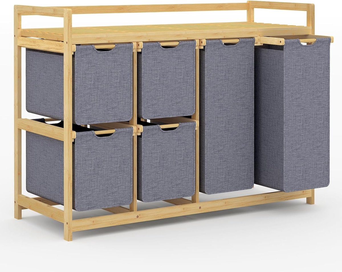 Grote Wasmand met 6 Compartimenten, Inclusief 2 Waszakken en 4 Stoffen Dozen voor Efficiënte Wasorganisatie in Badkamer en Slaapkamer, Grijs