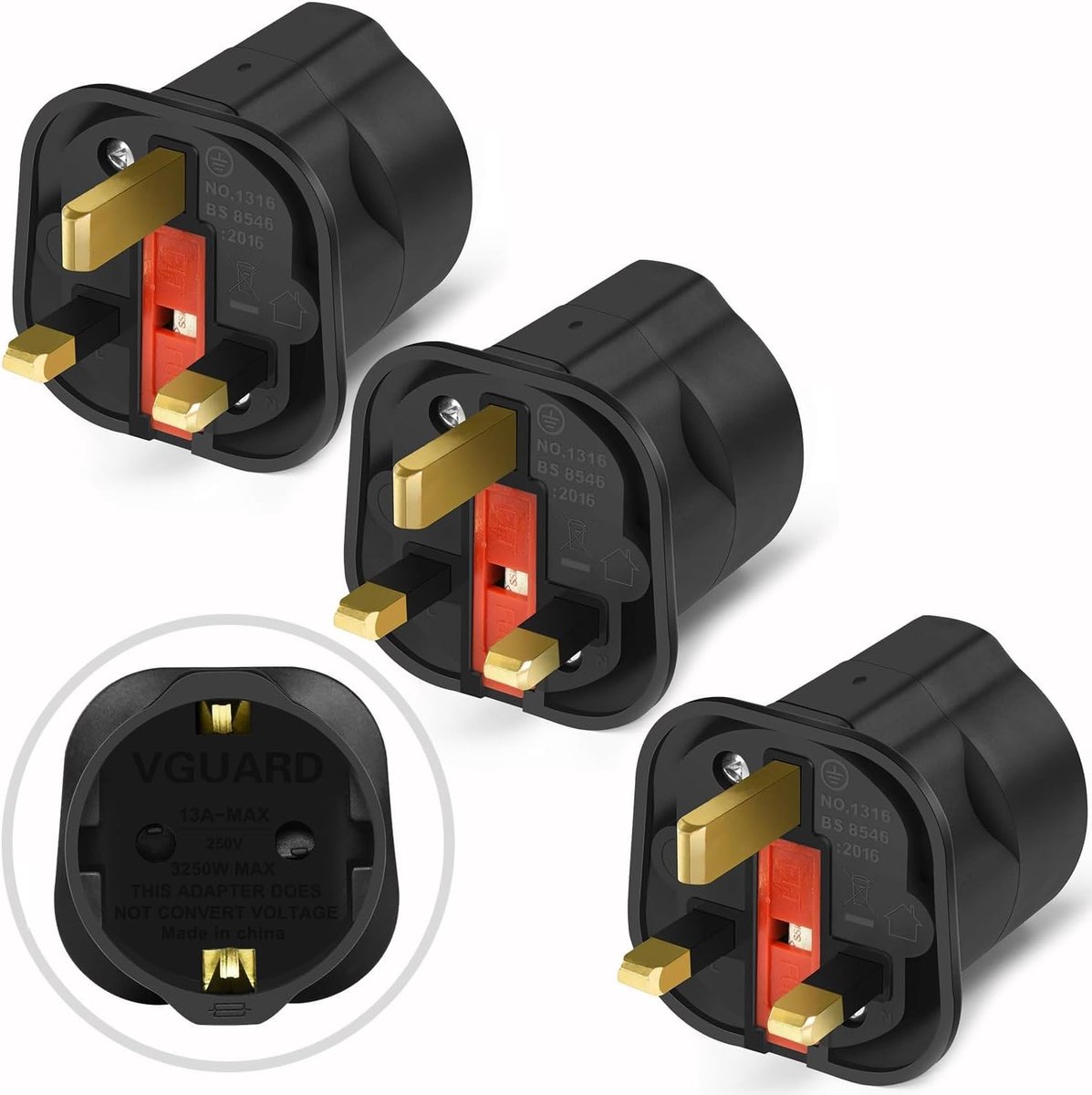 SnelShoppen - EU naar UK Reis Stekker Adapter, [3-Pack] - Zwart, Compact, 13A, Voor Vakantie in Londen, Elektronische Apparaten, Hoogwaardige Kwalitei