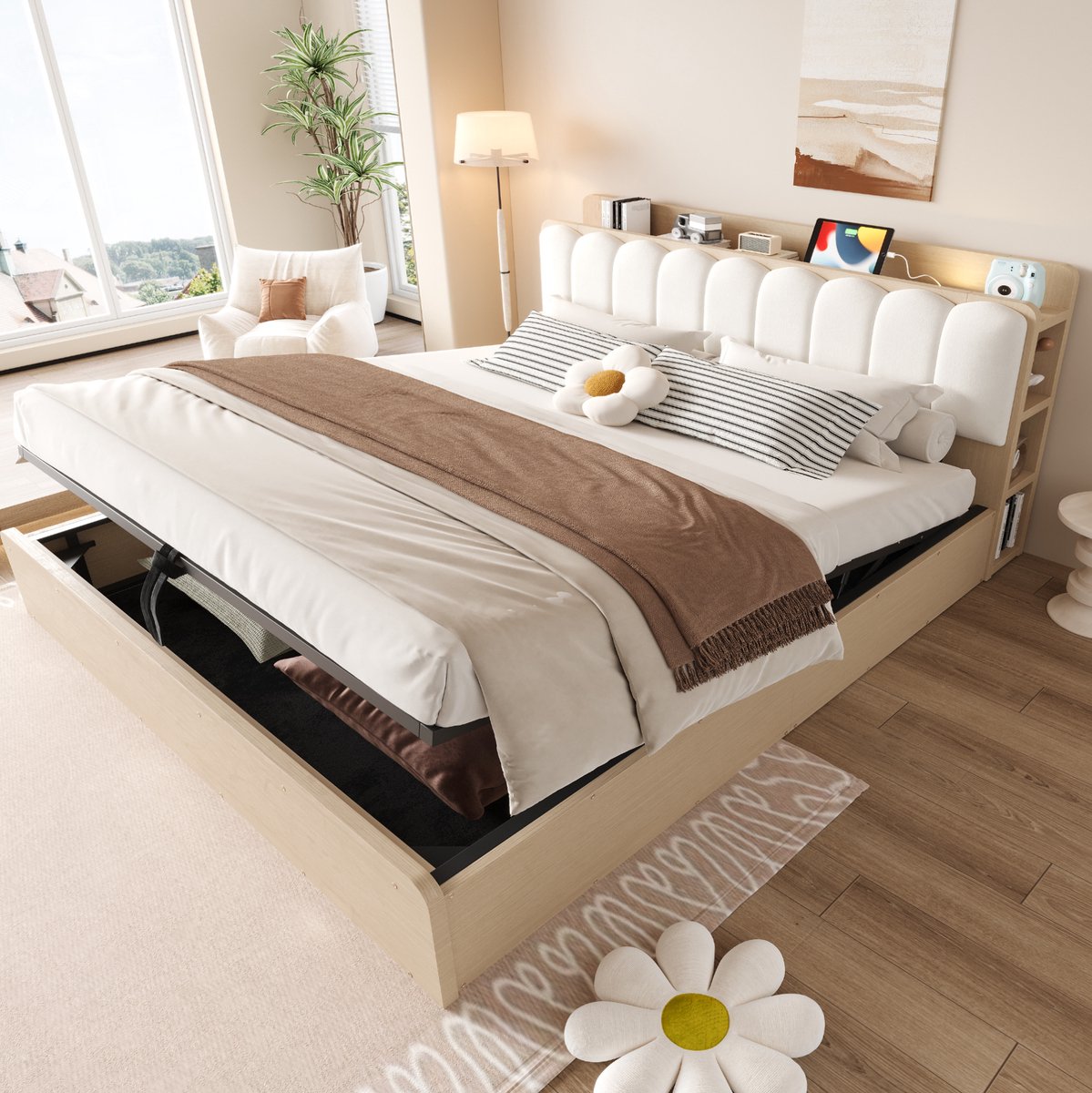 Wishdor Bedframe met opbergruimte - hydraulisch - hoofdbord met opbergvakken - lattenbodem - USB-aansluiting - houtkleur - 180x200 cm