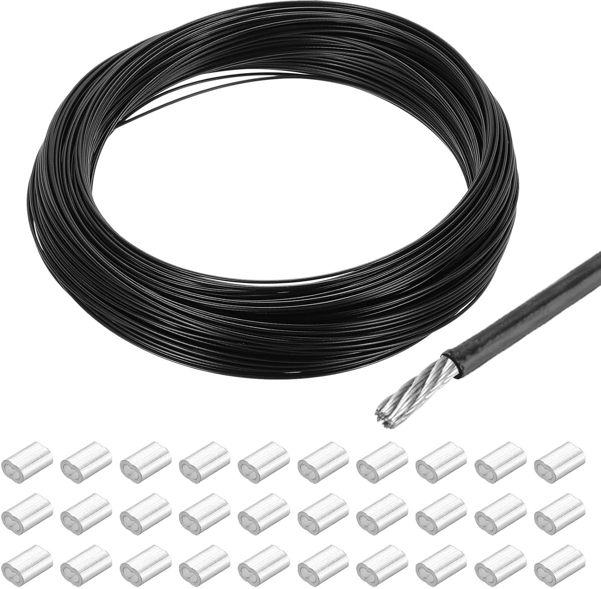 Draadkabel 50 m x 1 mm - roestvrij staal met pvc-coating - met 30 aluminium hulzen - ideaal voor buitengebruik - ShopVlot
