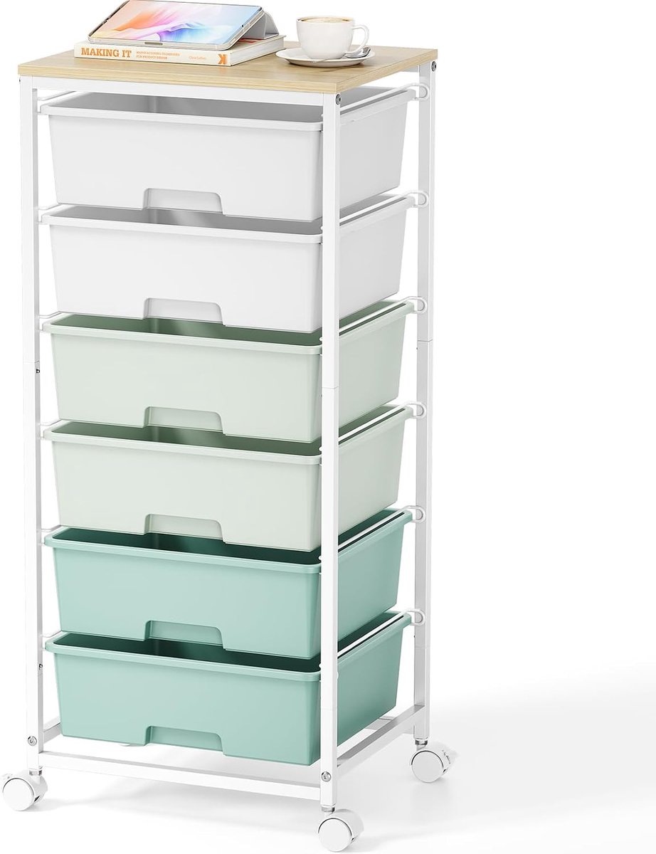 SnelShoppen - 6 Laden Trolley met Houten Bovenblad, Sterke Plastic Opbergwagen, Mobiele Opslag voor Kantoor, Kinderkamer, Knutselkamer en Badkamer met