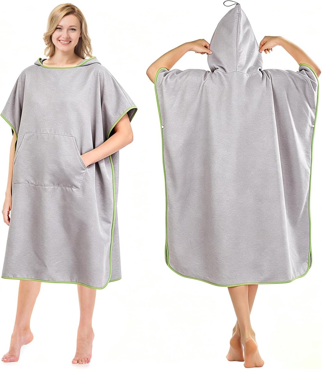 SnelShoppen - Handdoekponcho voor Volwassenen, Grijze Microvezel Badponcho met Capuchon, Surfponcho als Omkleedhulp voor Strand, Dames en Heren, Ideaa