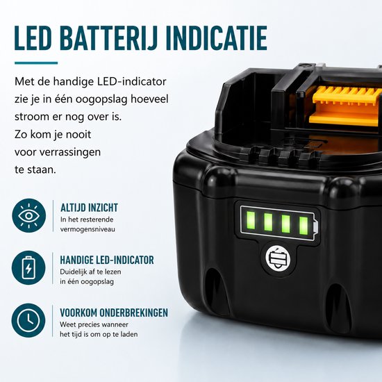 Zwarte 18V 6.0Ah accu met vier groene LED-indicatoren voor resterend vermogen.
