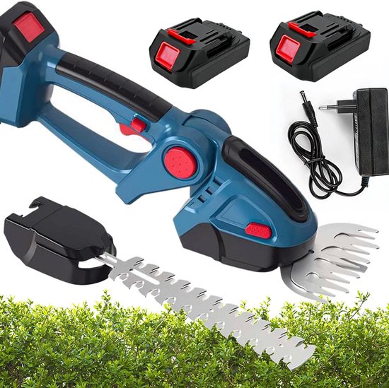 Blauwe elektrische snoeischaar met zwarte en rode accenten, met verwisselbare messen, extra accu's en oplader.