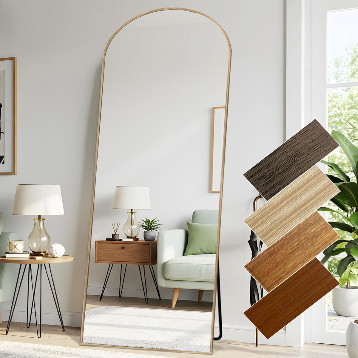 SnelShoppen - LunaMirror Volledige Lengte Spiegel 76 x 180 cm - Vrijstaand Aluminium Frame in Natuurlijk Hout - Full-Body Wandmontage voor Slaapkamer,