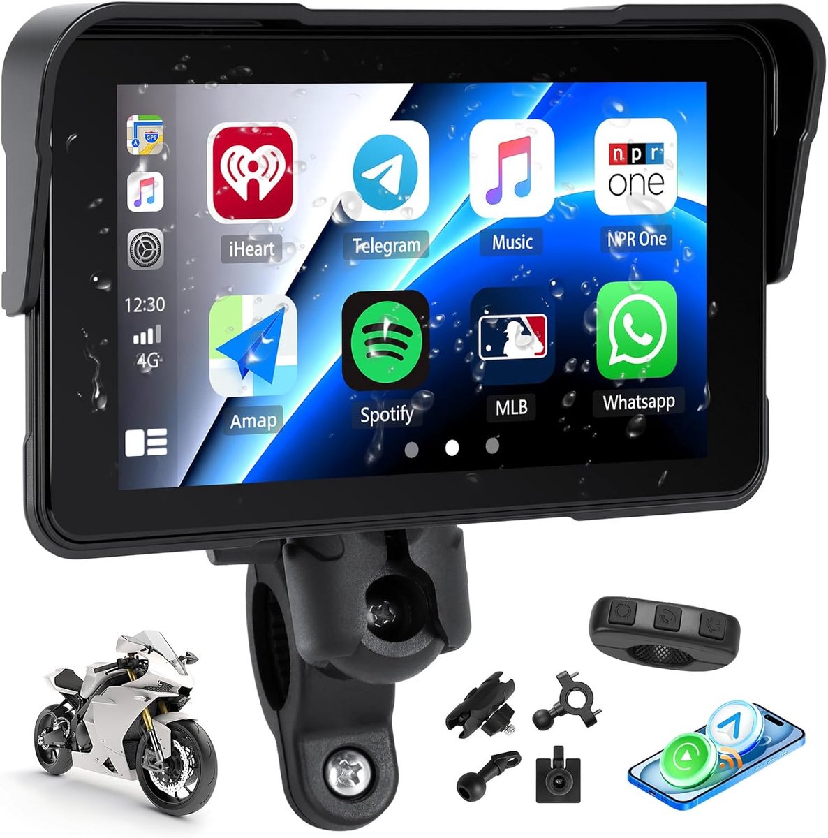 SnelShoppen - Draagbare GPS Carplay Moto Dashcam 5 inch Touchscreen, Draadloos Android Auto, GPS-navigatie, Siri, Google Assistant, Bluetooth, IP68 Wa
