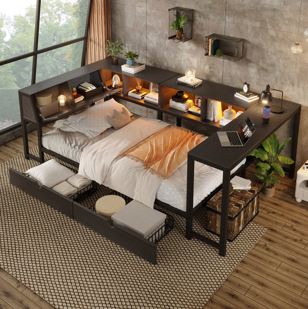 OKWISH Metalen Bed 90x200 cm - Met Ledverlichting en Bureau - Met Opbergruimte en 2 Laden - Eenpersoons Industrieel - MDF en Metaal - Zwart - Zonder matras