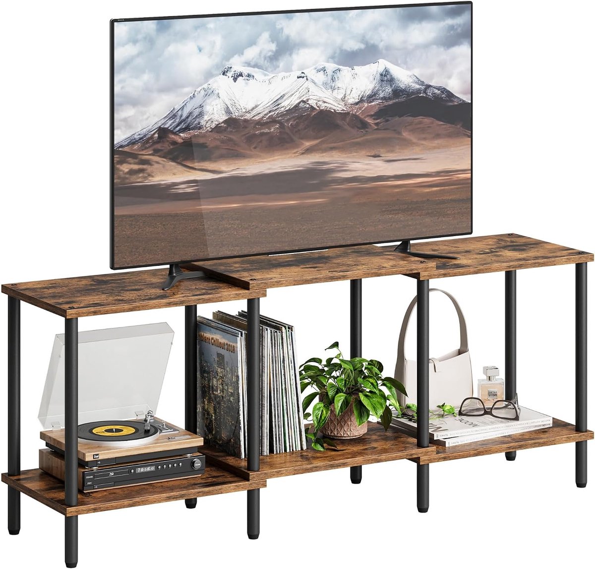 TV kast 114 x 11 x 44.8 cm - hout met metalen frame - 2 open compartimenten - ideaal voor kleine ruimtes - SnelShoppen