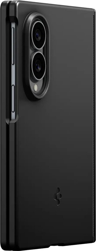 Zwart telefoonhoesje, zijkant met dubbele camera, close-up.
