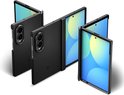 Drie zwarte telefoonhoesjes in verschillende open posities.