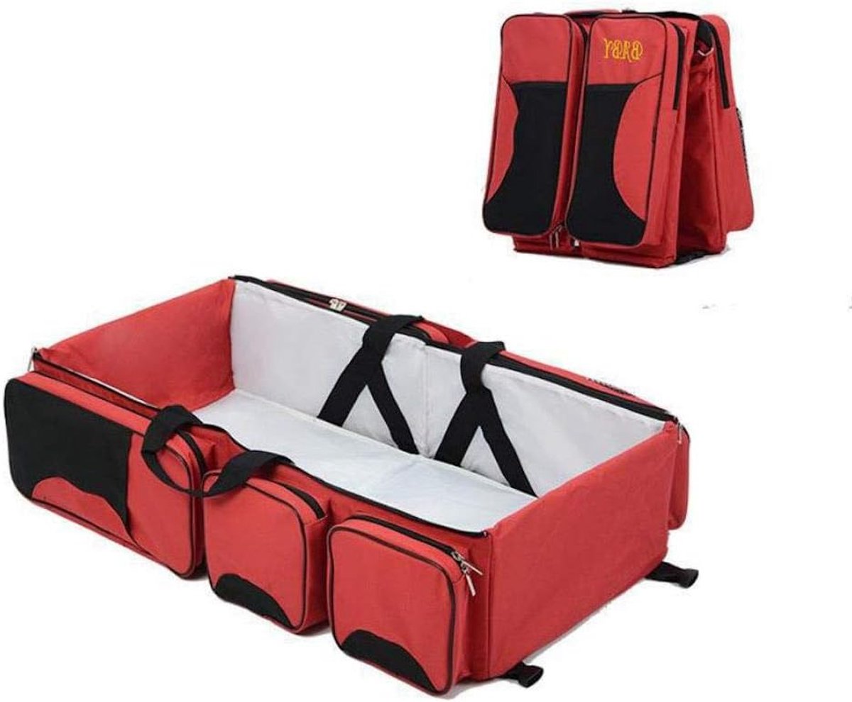 SnelShoppen - Baby Travel Bed & Diaper Bag 2 in 1 - Multifunctionele Campingbedje voor Baby's & Peuters - Veilig en Comfortabel - Rood - Ideaal voor R