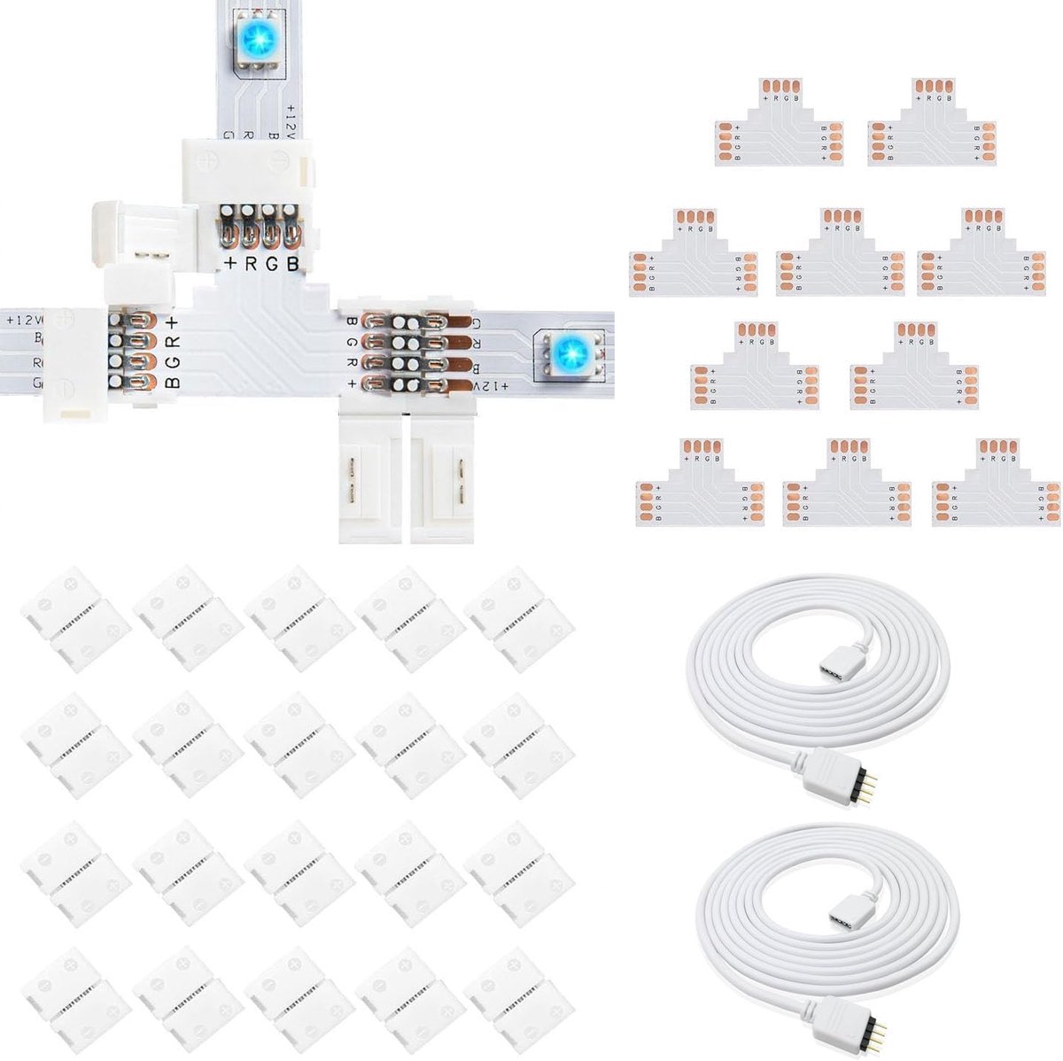 SnelShoppen - 3528 2835 4 Polige 8mm LED Strip Connector Set met 6.56ft/2m Verlengkabel, 4 Pin Male Connector, 30 Seamless Clips en 10 T Vorm PCB voor