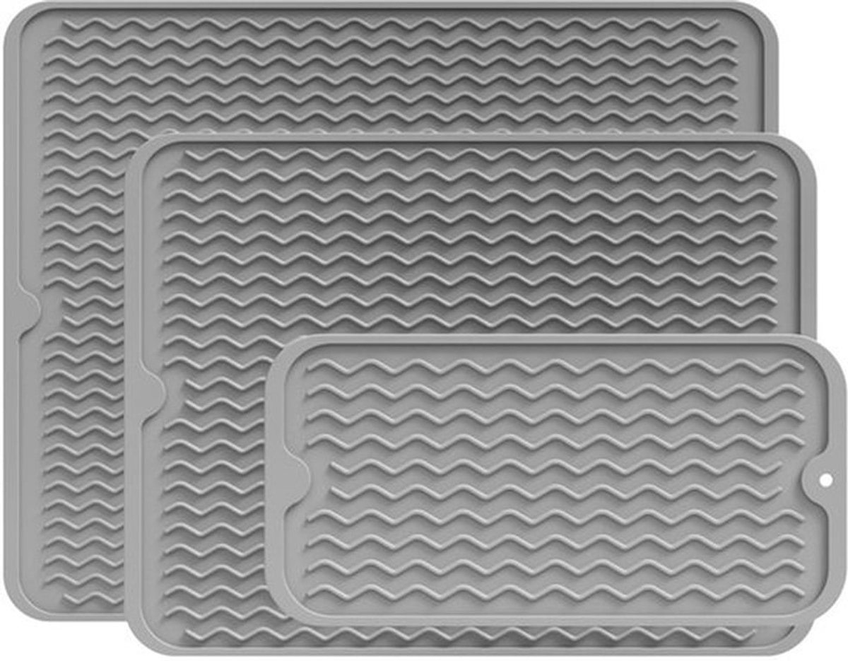 3-delige afwasmattenset (30*15cm/30*40cm/40*50cm), gemaakt van hittebestendige, antislip siliconen - kan worden gebruikt als afwasmat en afdruipmat - geschikt voor gootstenen - Stijl A - Grijs