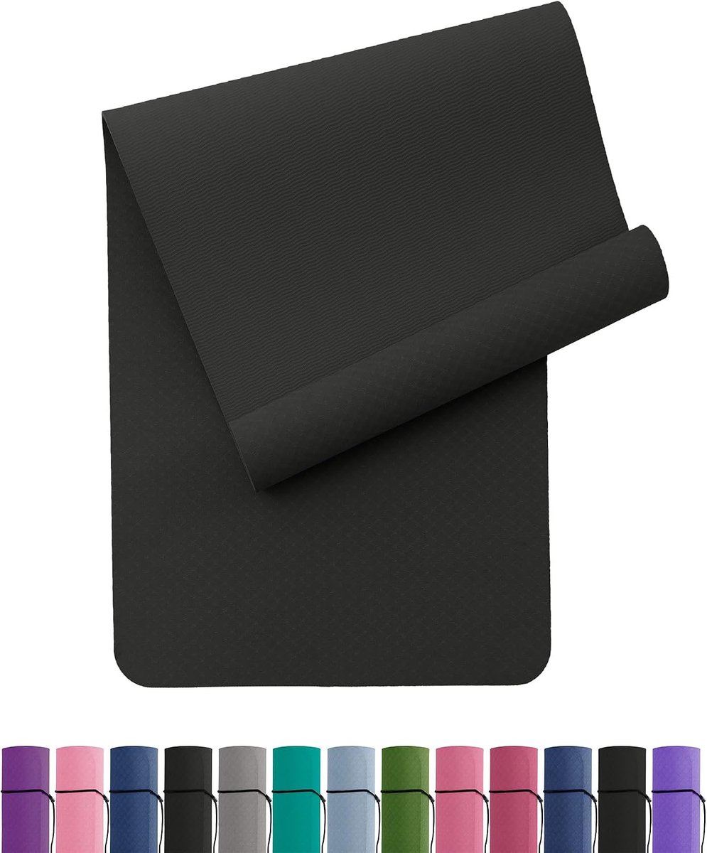 SnelShoppen - Yoga Mat 183x61 cm, Non-Slip TPE Sportmat met Draagriem, Ideaal voor Pilates, Workout, Fitness, Gymnastiek - Zwart/Grey