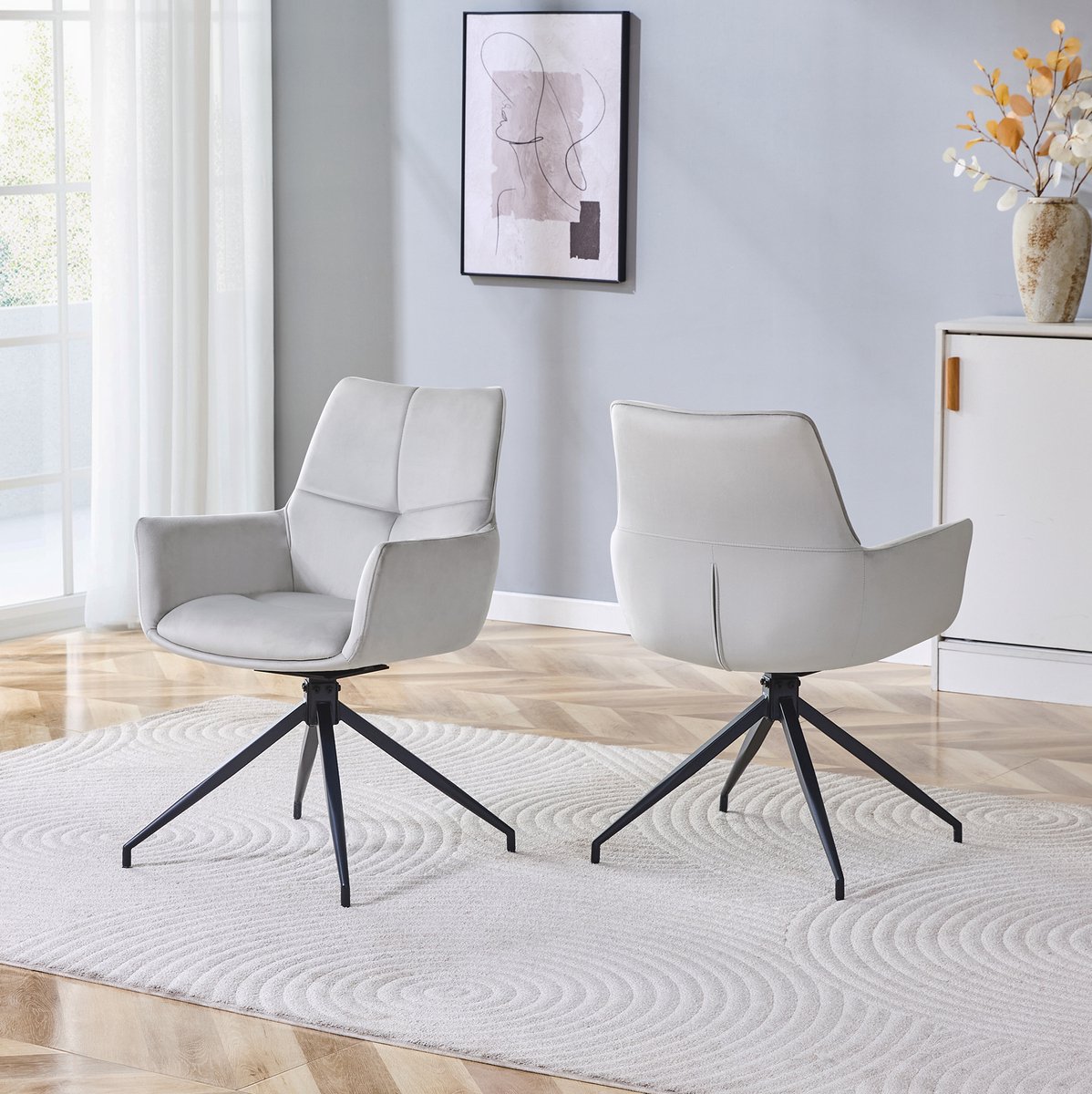 MEUNIQ set van 2 draaibare eetkamerstoelen 360° met armleuningen, lichtgrijze stoffen zitting en zwart metalen vierpootonderstel, 85 cm, voor eetkamer of woonkamer