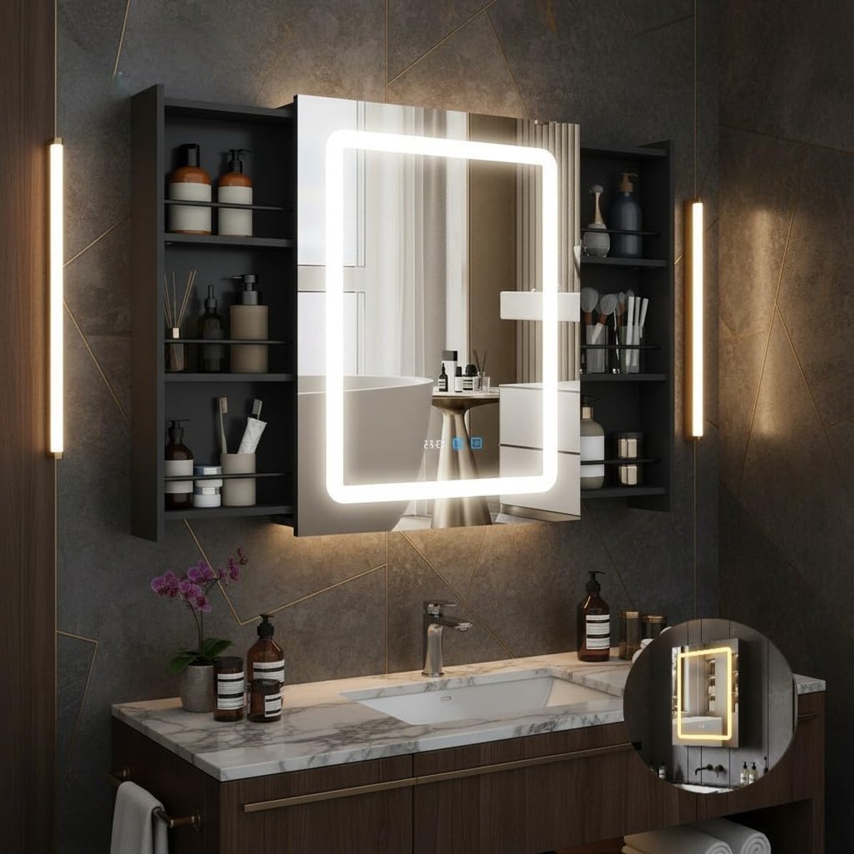 Puluomis - Badkamerspiegelkast met LED-verlichting - Medicijnkastje - 55-103x70 cm - Uittrekbare planken - Anticondens - Badkamerkast - Zwart