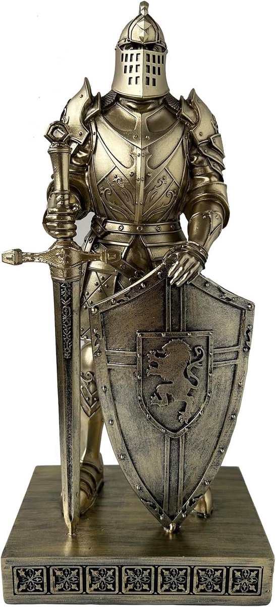 Middeleeuwse Ridder Beeld met Schild - Desk Accessories Ornament en Paperweight voor Kantoor en Thuis, 32cm (Bronze) - Perfect Cadeau voor Ridderliefhebbers