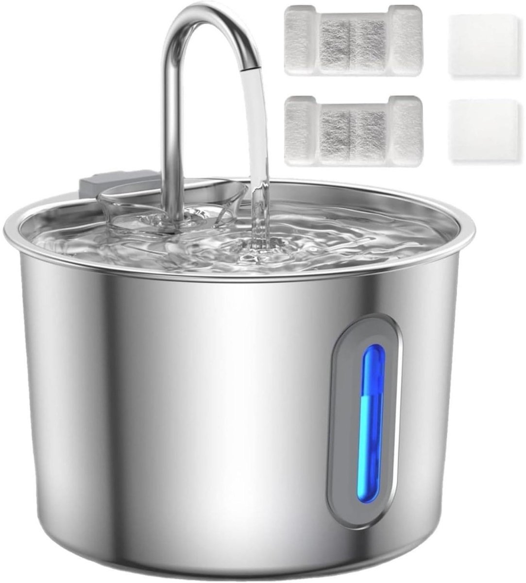 GELLDG Roestvrijstalen drinkfontein voor katten (2,2 l) – Ultrastil ontwerp – Voorzien van waterpeilvenster, 4-traps filtersysteem en led-indicator – Hygiënisch en eenvoudig te reinigen – Vaatwasserbestendig – Bevordert de gezondheid van uw huisdier