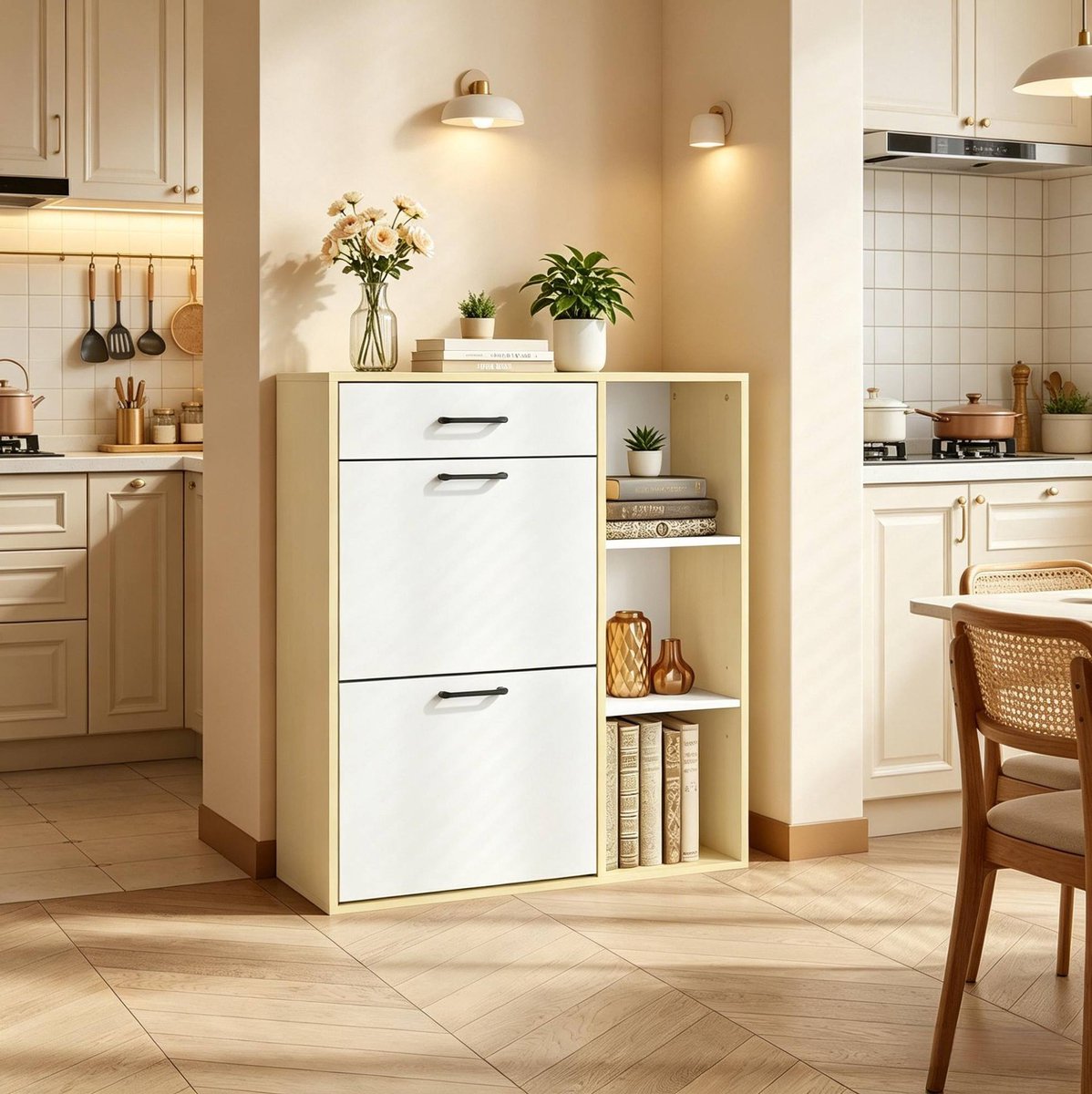 COVREO Schoenenkast 80x30x90 cm wit met MDF en metaal, 2 klepvakken en lade