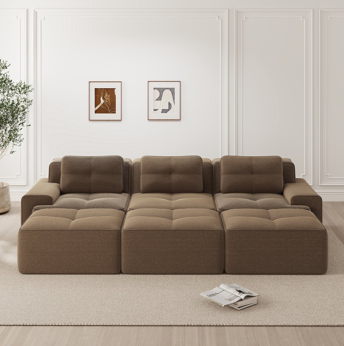 STILVORA Hoekbank 293 Cm - Modulaire Slaapfunctie Met 3 Hockers - 3-Zits Voor Woonkamer En Lounge - Corduroy Bruin