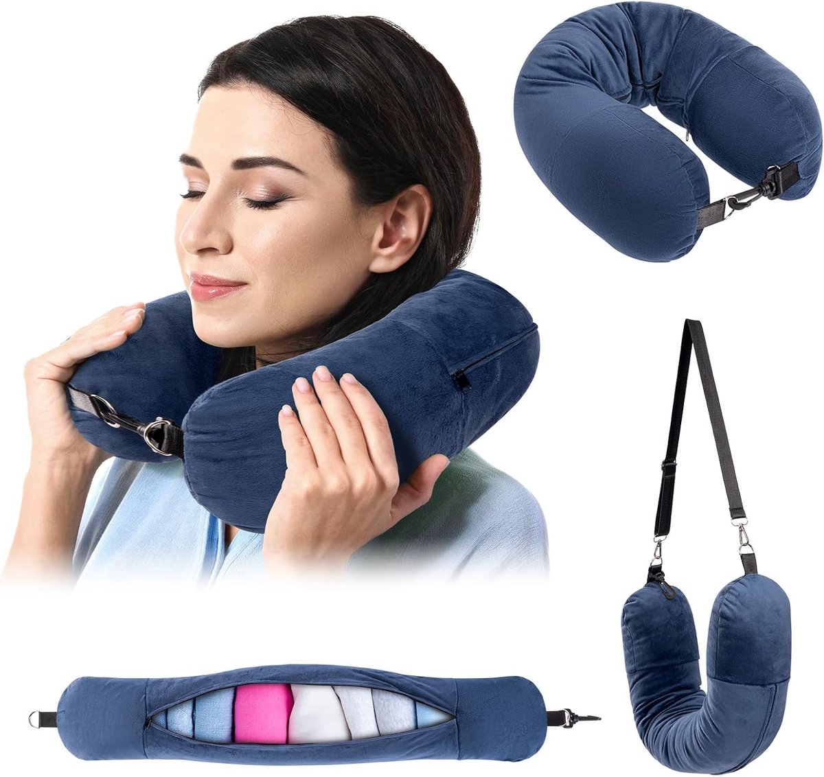 Opvulbaar Nekkussen voor Vliegtuig - 96 x 18 cm - Vulbaar Reiskussen voor Kleding - Handbagage Besparen - Met Verstelbare Schouderband - Blauw