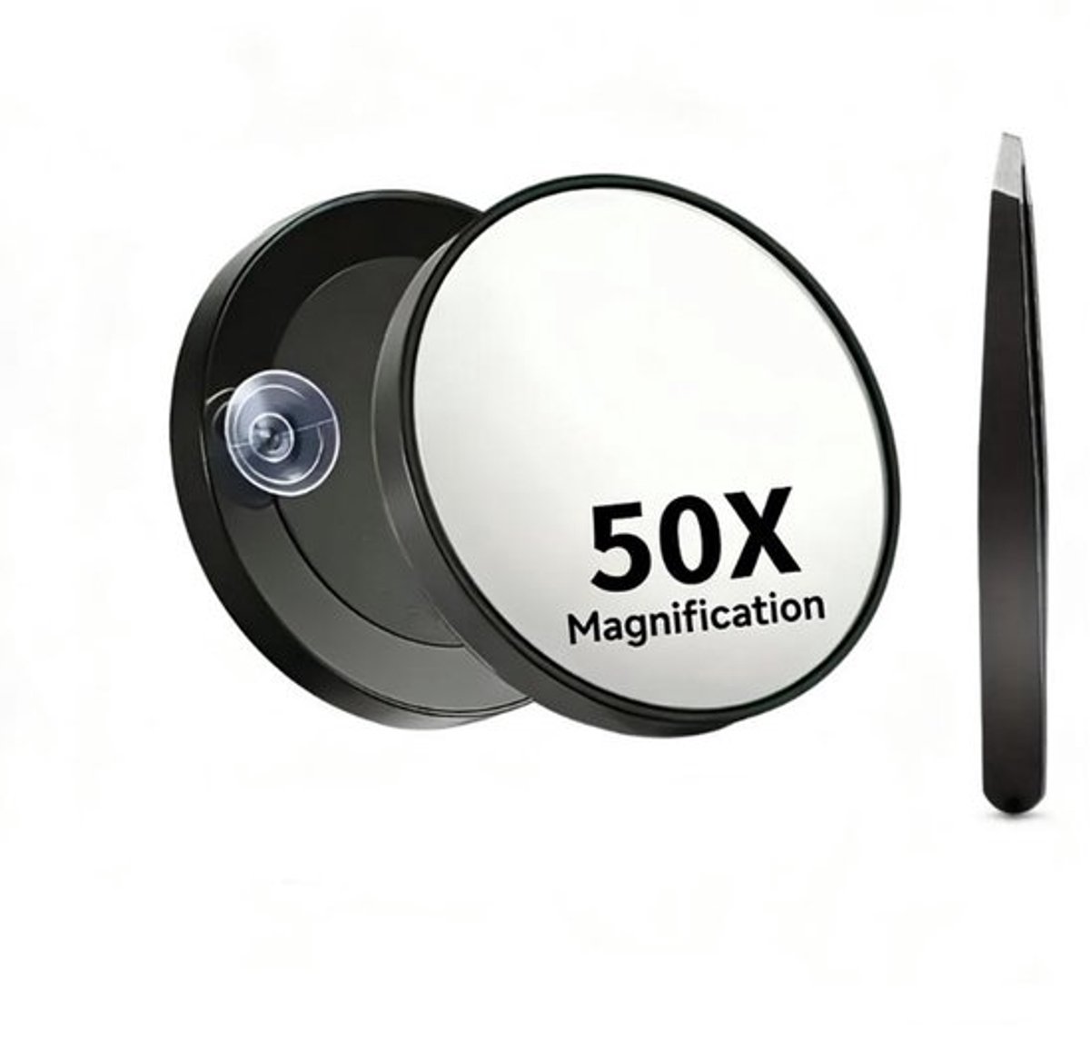 50x Vergrotende Make-up Spiegel met Zuignap en Pincet - 3.5 Inch - Draagbare Ronde Vergrootspiegel voor Gezichtverzorging, Wenkbrauwen en Ontwaxen, Scherpe Beeldvorming voor Thuis en Op Reis - zwart