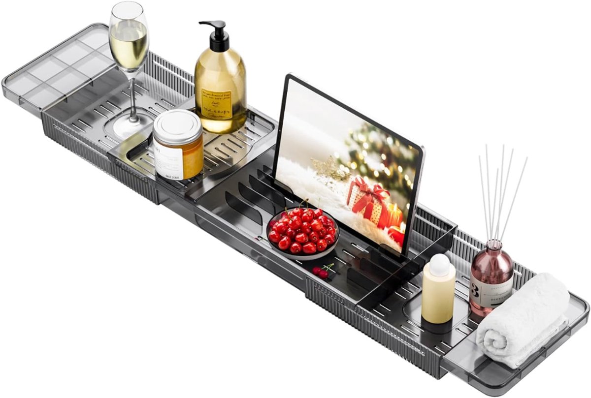 KIRA® Badplank - Badrek - Badplank met Boekenplank - Verstelbare Badrek - Zwart - 19cm x 56cm x 5cm