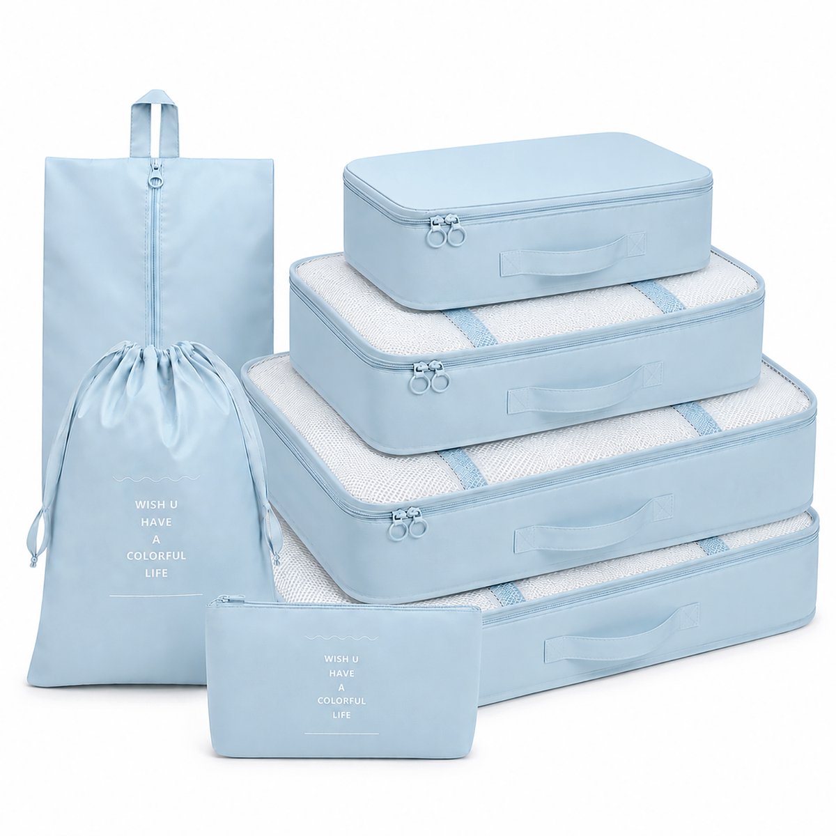 Bol.com Packing Cubes 7-delig – Koffer Organizer & Inpakzakken – Lichtblauw aanbieding
