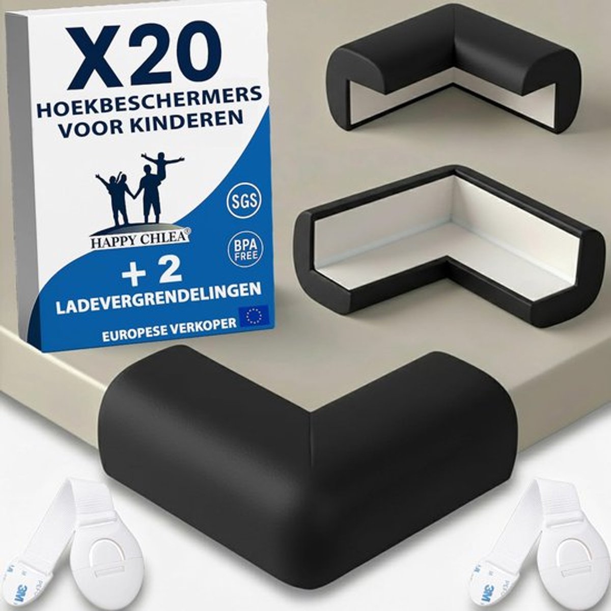 SnelShoppen - Rubber Hoekbeschermers voor Baby - 20 Zachte Hoekbeschermers met Actieve Schuimtechnologie - Kindveilig voor Tafel, Meubels en Bed (Zwar