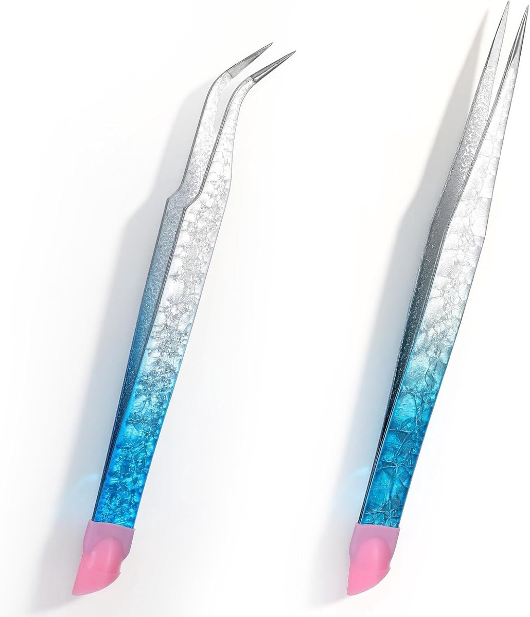 Set van 2 Kristallen Blauwe Pincetten: Dubbelzijdige Stickerpincetten met Siliconen voor Naaien, Precisie Rhinestone Picker Gereedschap voor Sieraden, Wimpers en Nagelkunst, Gebogen Punt Pincetten Set