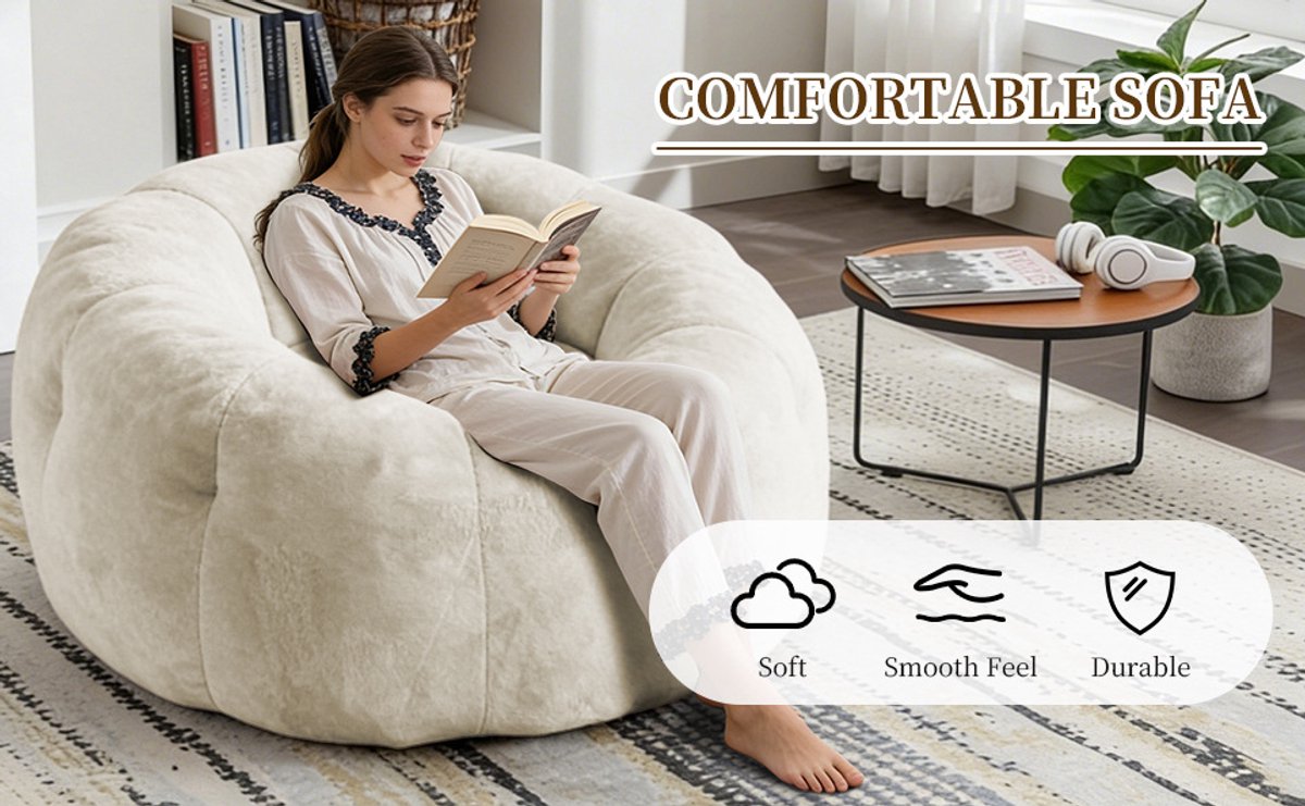 OKWISH Zitzak 54 x 44 x 38 cm - Rond En Ruim Voor Volledige Ontspanning - Stabiele Basis Voor Woonkamer En Slaapkamer - Wit