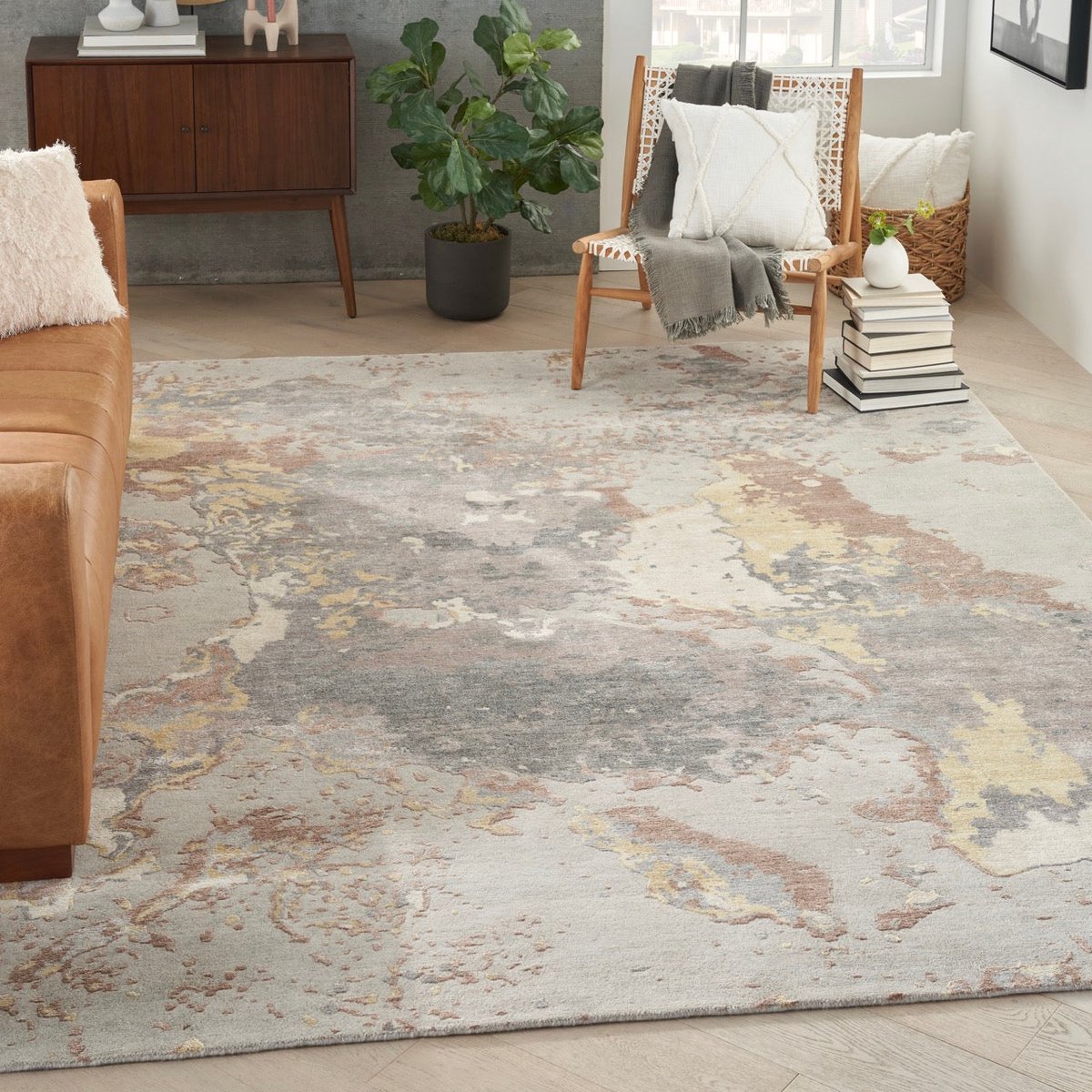 Nourison Silk Shadows SHA20 Silver Vloerkleed - 168 x 226 cm - Veelkleurig - Rechthoekig - Bamboezijde, Wol - Woonkamer, Eetkamer, Slaapkamer - Abstract - Modern, Design