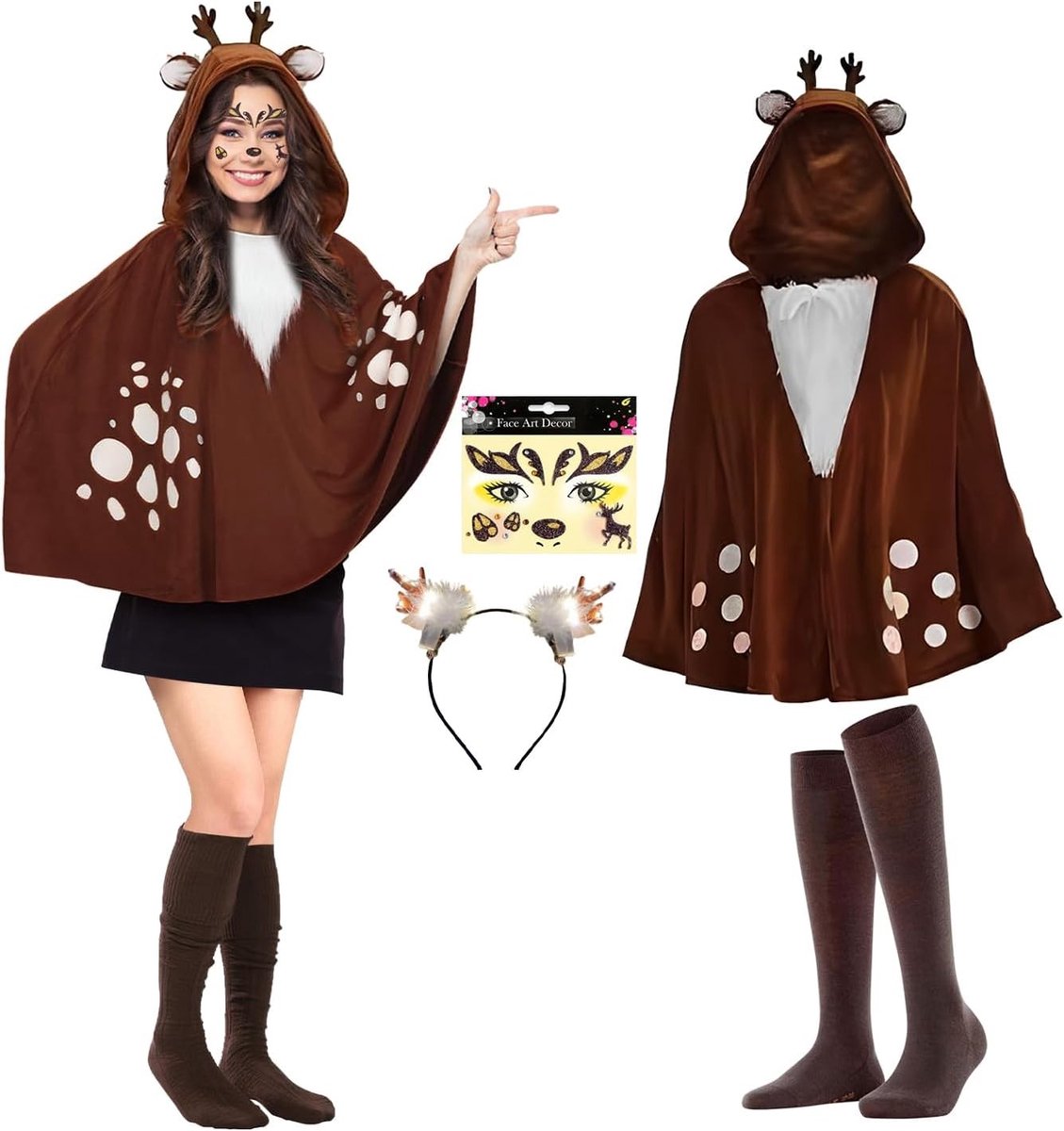 Dames Rendier Kostuum met Bruine Cape, Hoofdband en Rok voor Carnaval en Halloween Feestjes