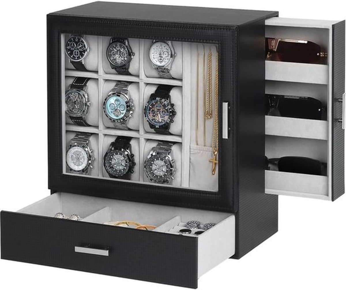 9-vaks verticale sieradenopslag, horlogedoos met kettinghouder, hoogwaardige sieradendoos voor heren, sieradendoosje, transparant deksel, sieradendoos voor zonnebrillen, Vaderdagcadeau, cadeau voor