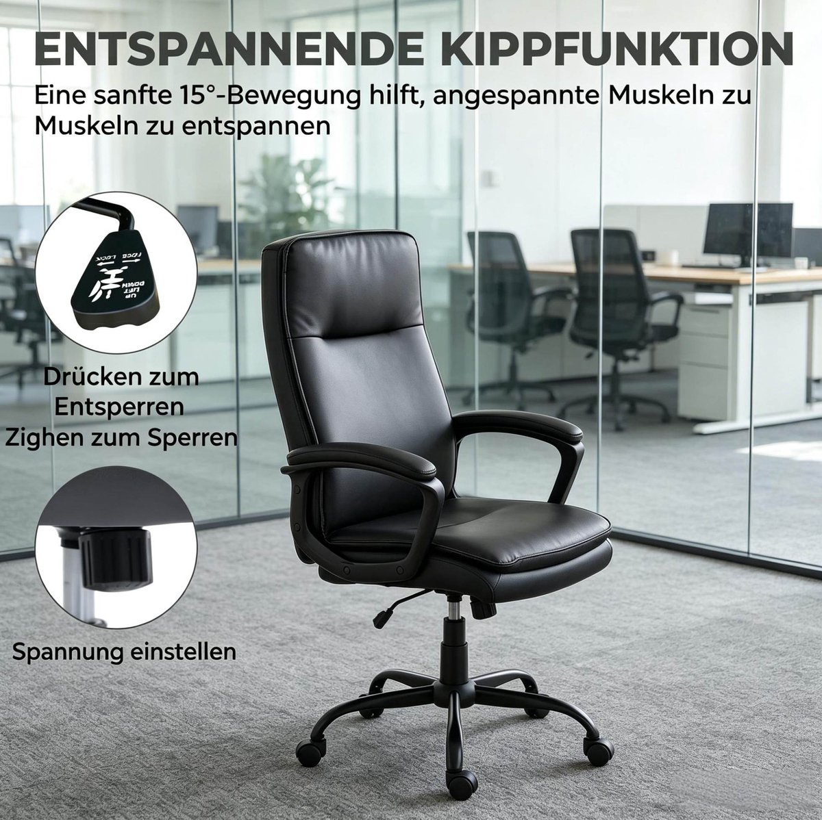 OKWISH Bureaustoel - Verstelbare Zithoogte & 15 Graden Kantelfunctie - Met Vaste Armleuningen en Wielen - Kunstleer - Zwart