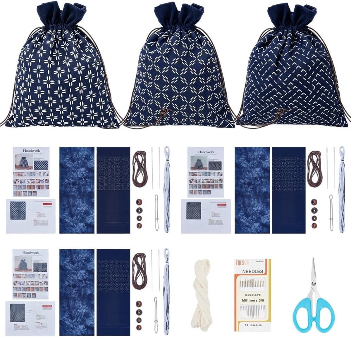 3 Set Sashiko Borduurwerk Tas Kit - Geometrische DIY Naaien Pouch Set met Instructies voor Handwerk en Ambachten, 48,5x19,5 cm