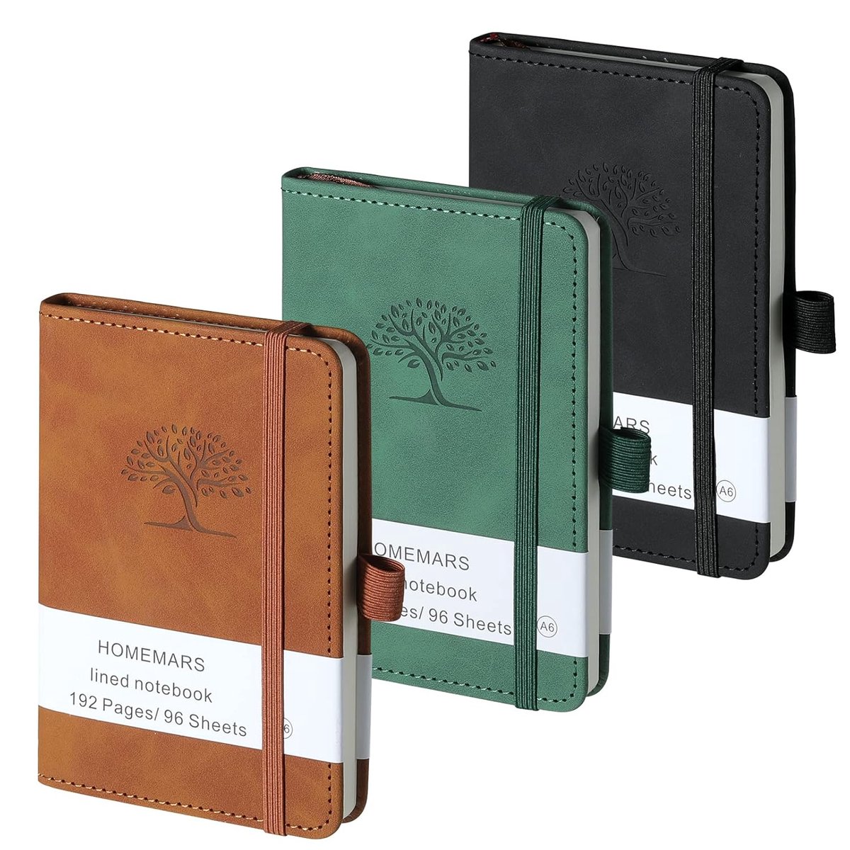 SnelShoppen - HOMEMARS Notebook A6 Set van 3, Pocket Notitieboekjes, Klein, 14.5 cm x 9.7 cm, Bruin, Groen, Zwart, 192 Pagina's, Reizen, Notitieboek,
