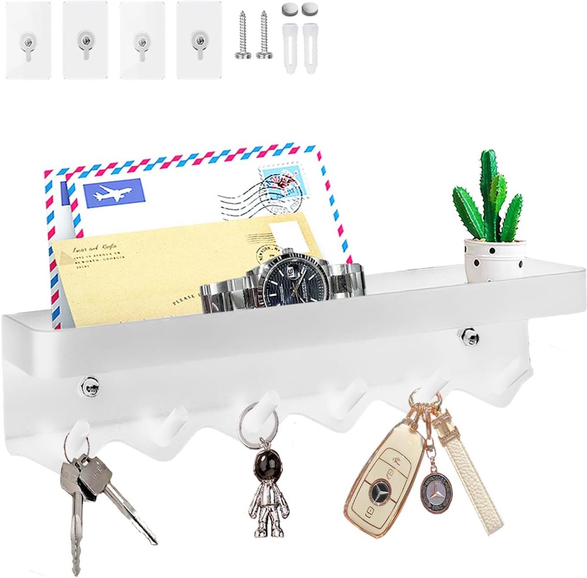 Multifunctionele Wandhaak met 6 Haken en Plank, Zelfklevende Roestvrije Sleutelhouder voor Entree, Keuken, Kantoor en Badkamer