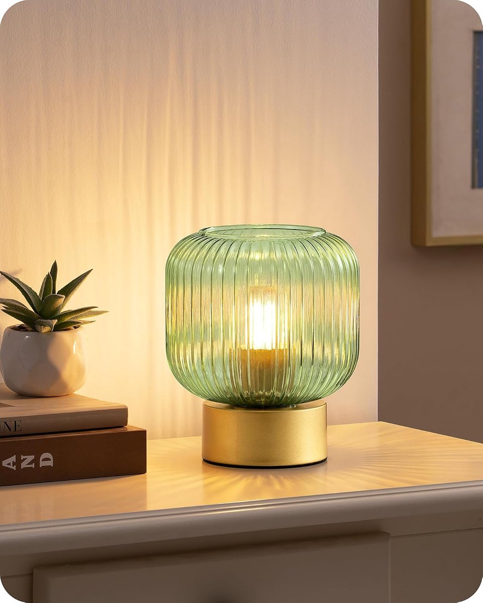 EDISHINE Led-tafellamp, lampenkap van groen glas en goudkleurige metalen sokkel, met E27-lamp, 2700 K, warmwit - ShopVlot
