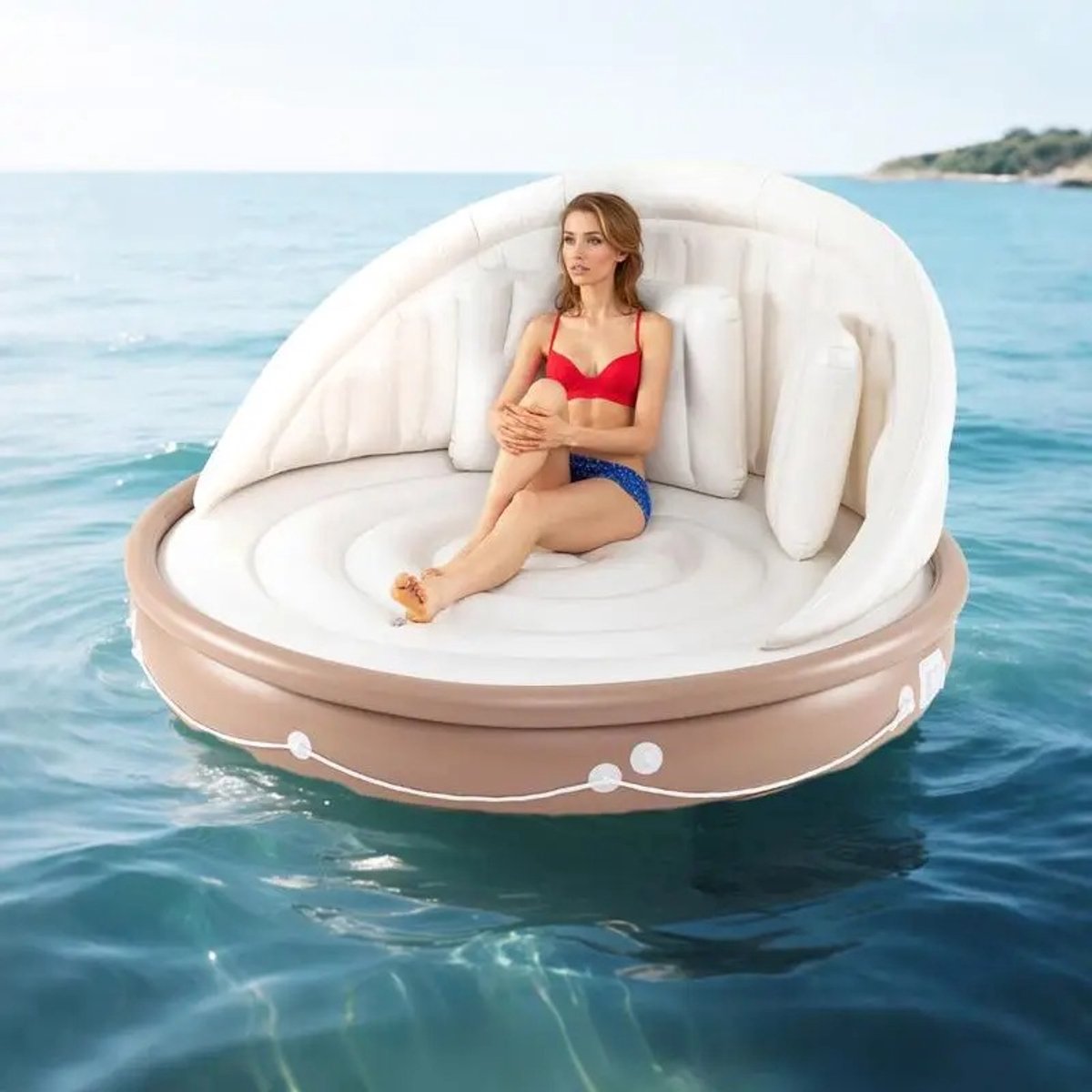 QJ Supply - Opblaasbaar - Zwembadeiland - Drijvend Ligbed - Zwembad Lounge - Zonnescherm - Waterdicht - Ergonomisch - Beige