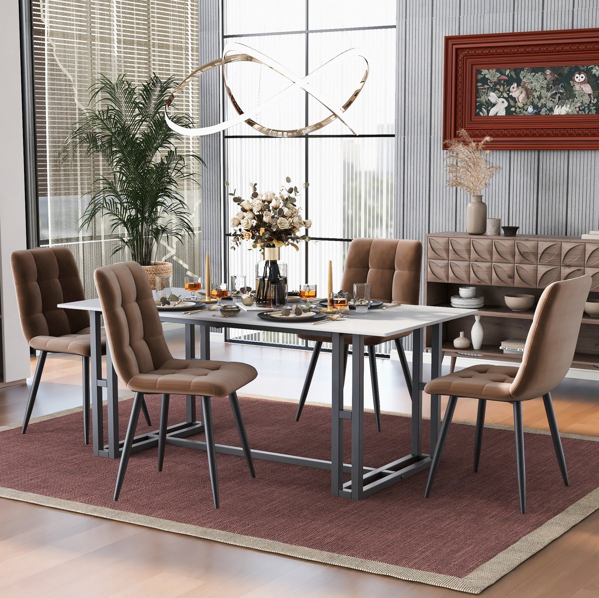 MEUNIQ eetkamerstoel set van 4 bruin velvet met metalen onderstel, gestoffeerde stoel met rugleuning en sierstiksel voor eetkamer, keuken of thuiskantoor