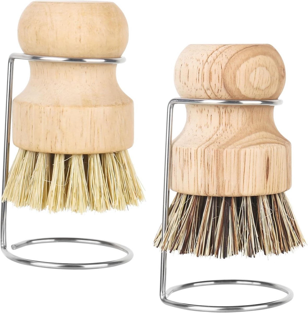Set van 2 Bamboe Palm Borstels met 2 Opbergkommen, Houten Schoonmaakborstels voor Keuken, Pannen en Servies
