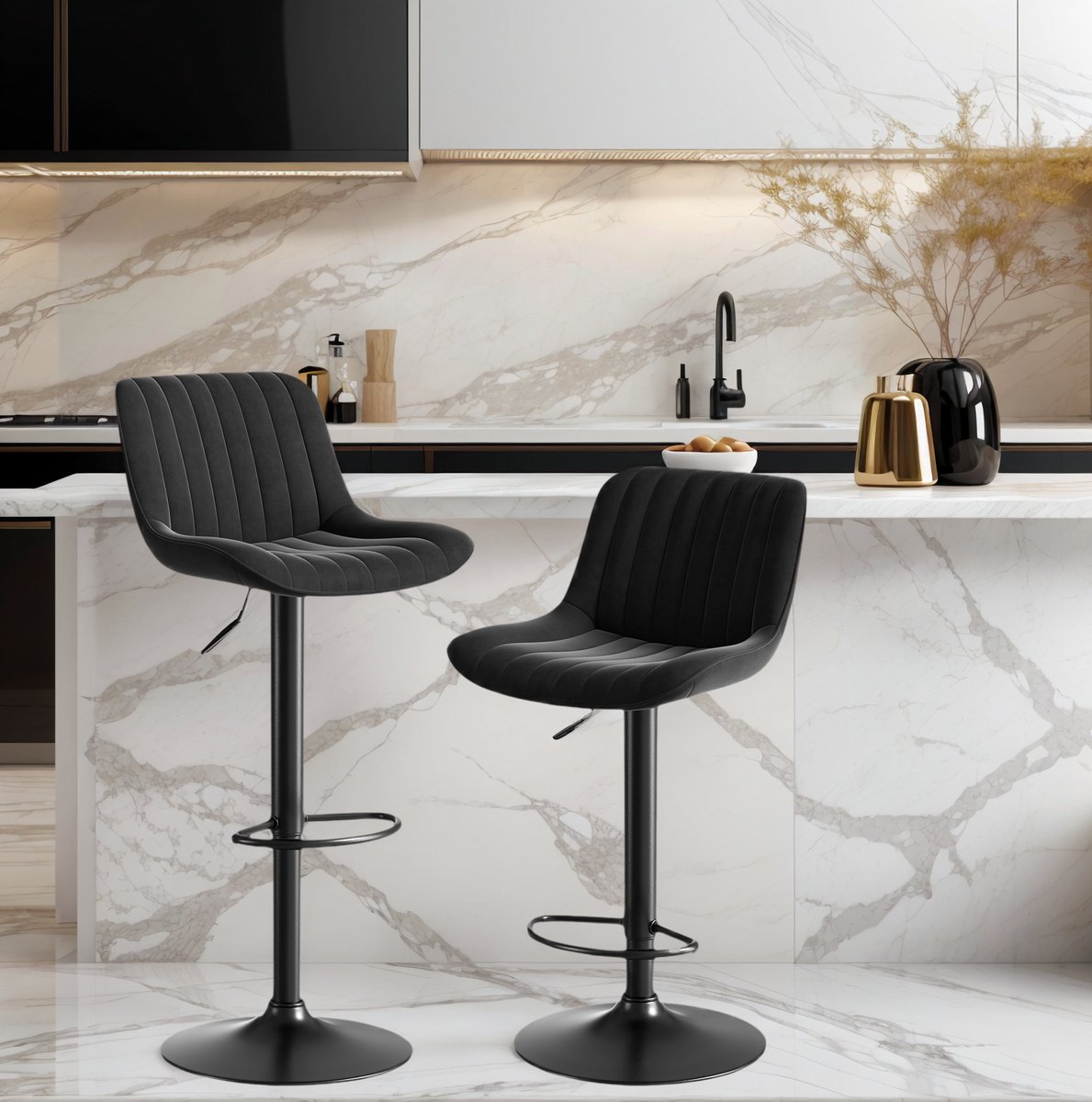 MEUNIQ barkruk set van 2 met velvet zitting, 360 graden draaibaar, in hoogte verstelbaar 87-109 cm, met rugleuning en voetensteun, zwart