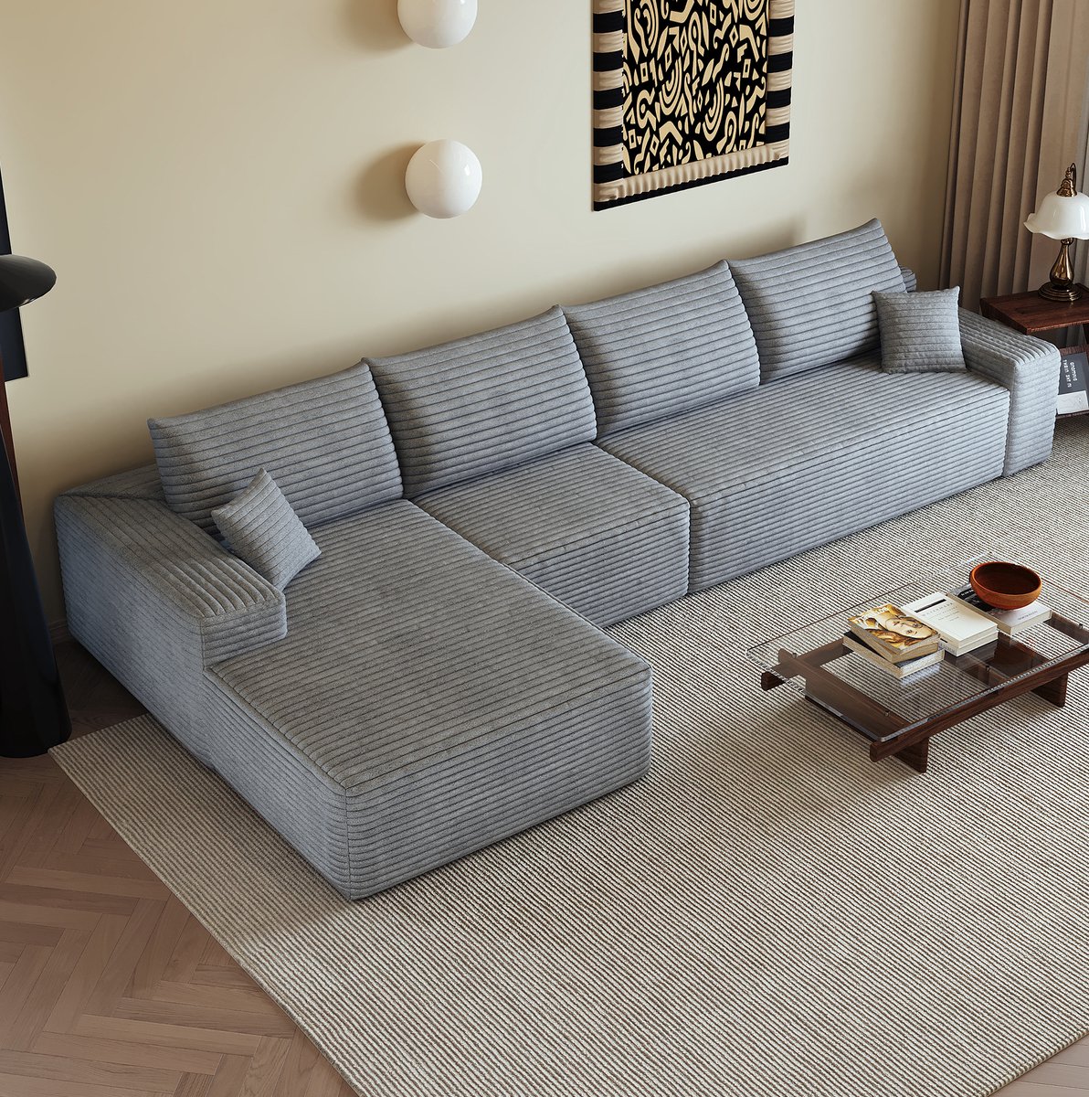 OKWISH Hoekbank 340 cm - Modulaire 4-Zits Bank Met L-Vormige Chaise Longue En Diepe Zitting - Zonder Montage - Stof - Grijs