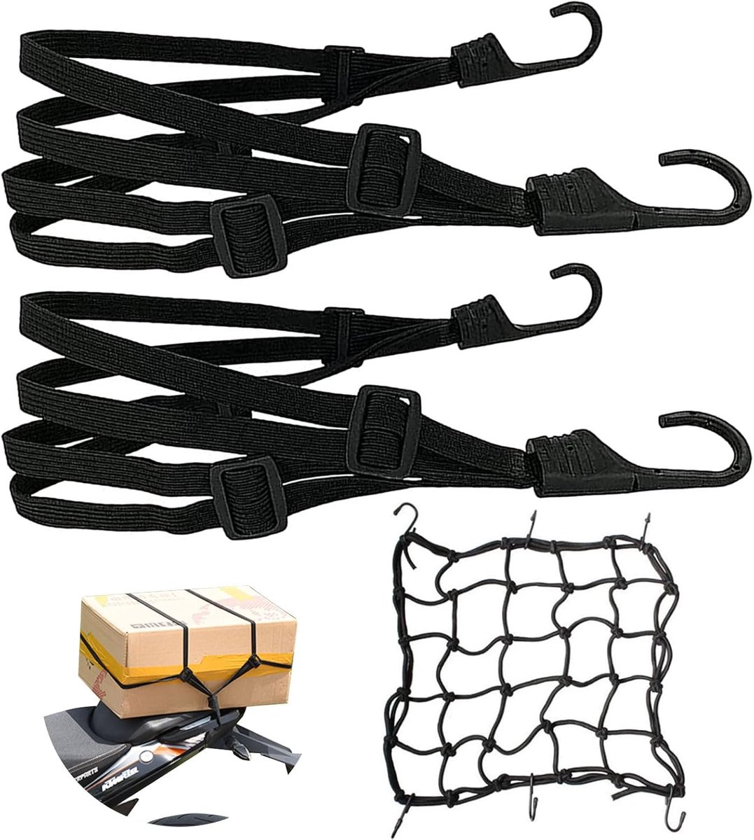 Motorfietsnet met 2 elastische bagagestraps - 60-90cm - nylon - ideaal voor veilig bevestigen - SnelShoppen