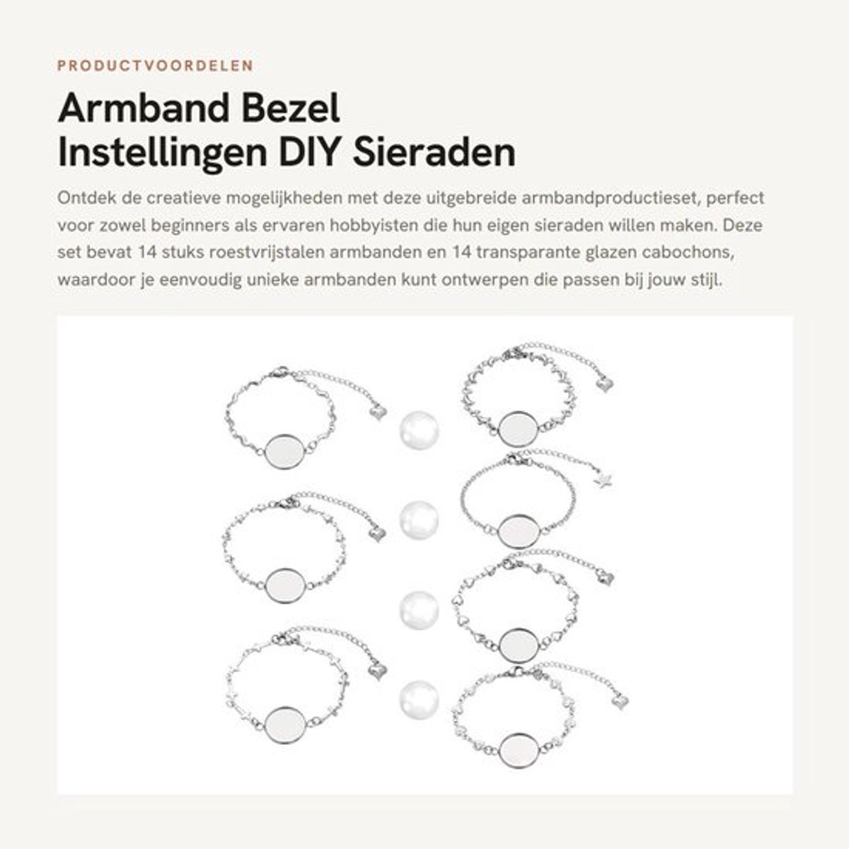 Armband Set 28 Stuks - 14 RVS Bezel Armbanden - 14 Glazen Cabochons - Verstelbare Manchetarmband - DIY Sieraden Maken - 16 mm Passend