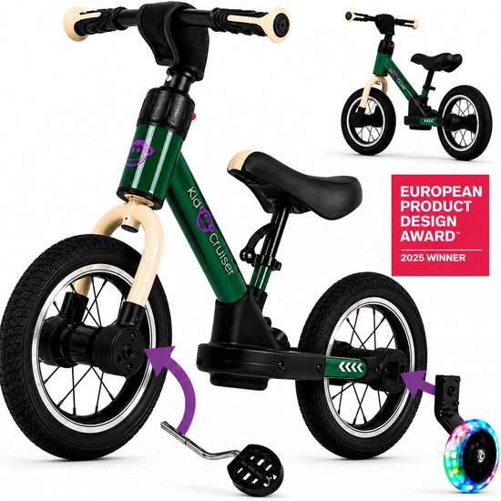 Donkergroene Kidcruiser loopfiets met beige zadel en handvatten. Met optionele zijwieltjes met LED en trappers.