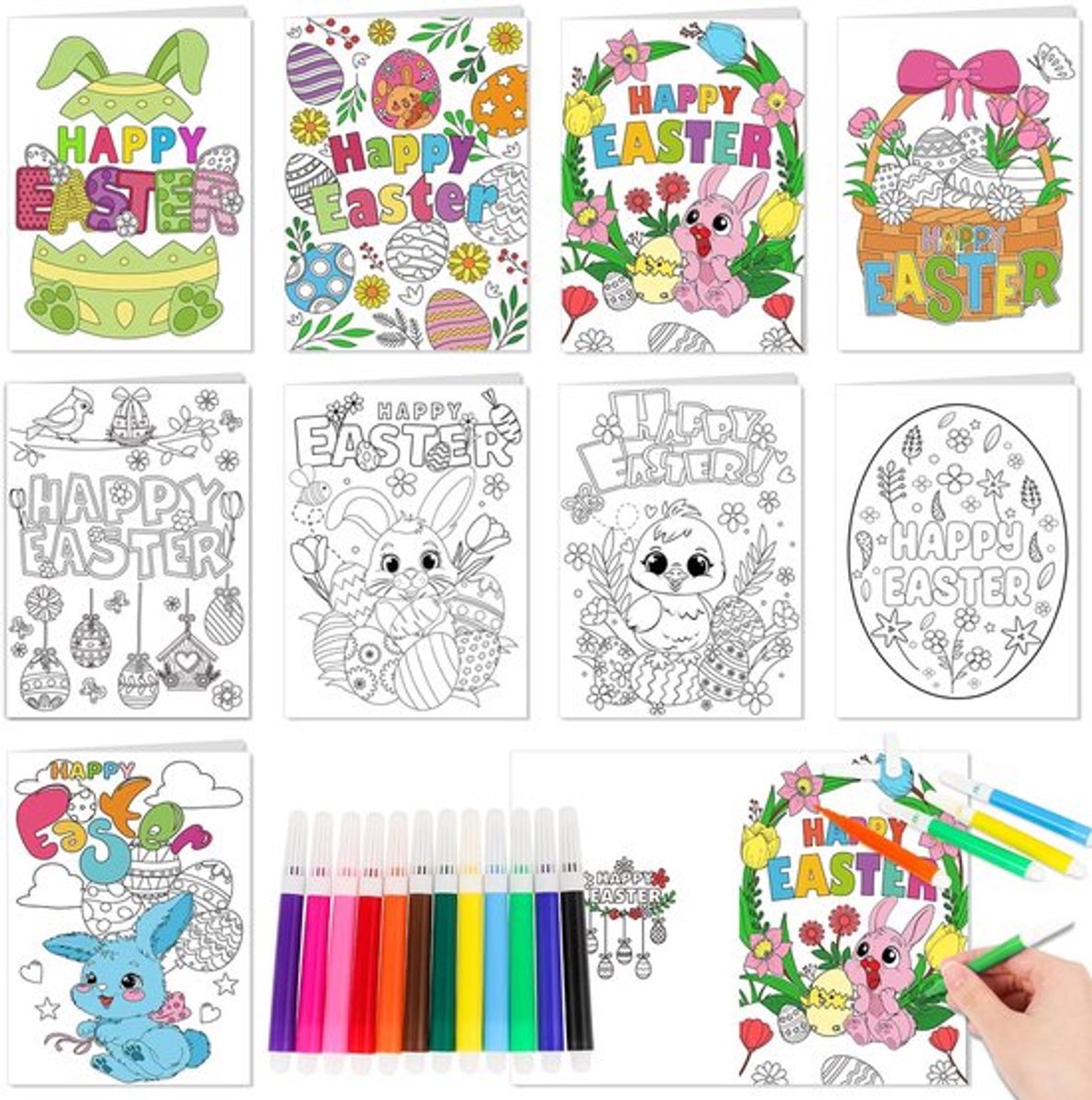 Paaskaarten 9 Stuks - Paaskaarten om te Beschilderen - Vrolijke Pasen - Knutselset - Envelopstickers - Verfpenseelstiften - Kleurkaarten
