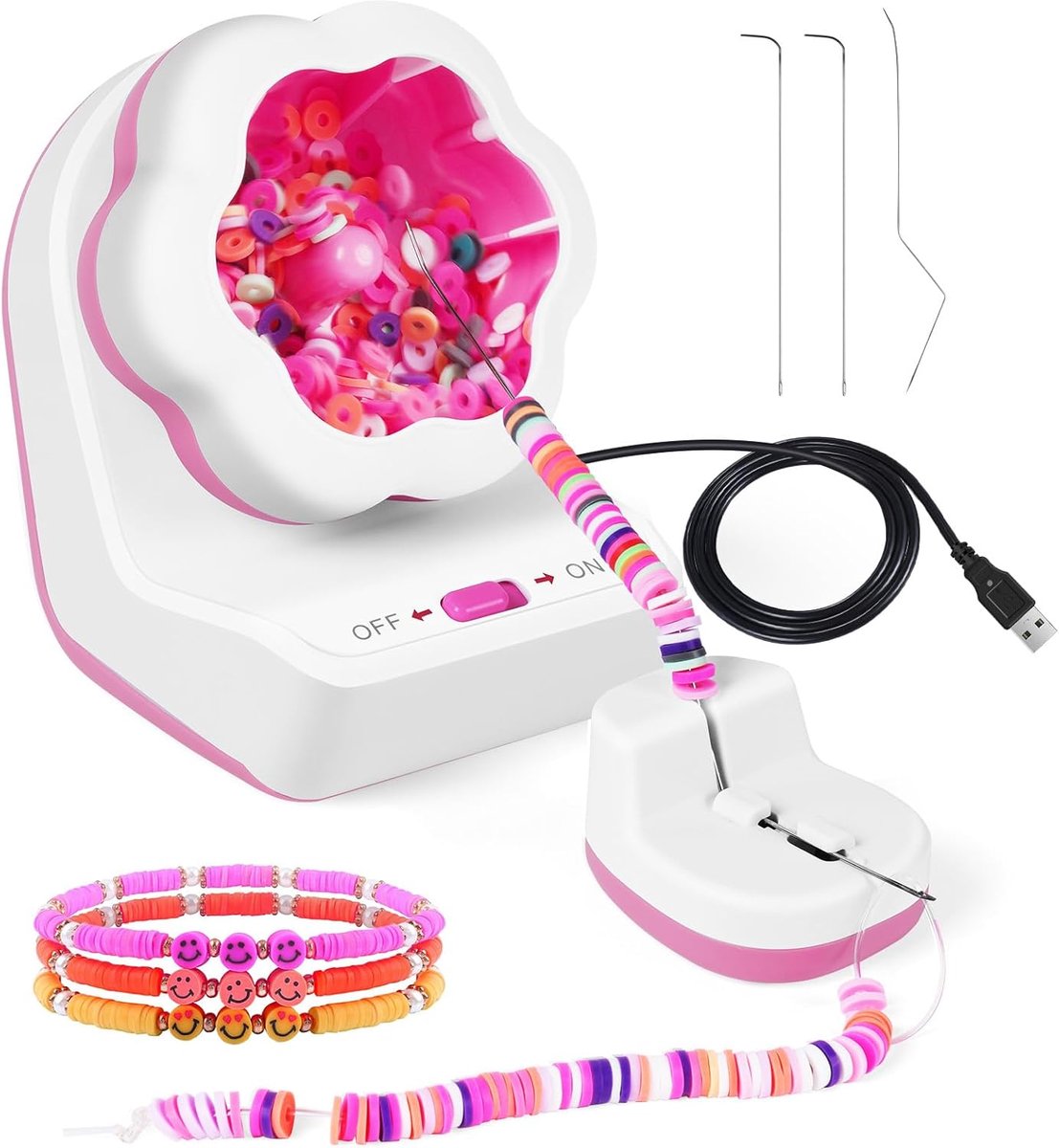 Klei Kralen Spinner, elektrische kralen spinner, USB-oplaad armband maker machine, doe-het-zelf kralenspinner met 3 grote ogen kralennaalden voor Maken Stringing Crafting